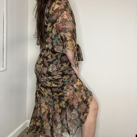 Vintage 1970s One of a Kind Brown Floral Semi-Sheer Wrap Dress - Picture 10 of 11